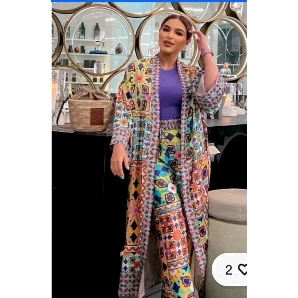 Zara Kimono Robe XS Wild Print Patchwork Midi Open Front with Tie Satin Lining - Picture 10 of 16